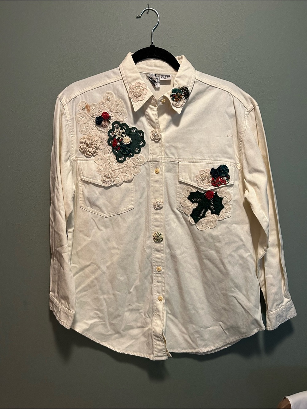 GO WEST Cream Button-Down Shirt with Green and Red Floral Appliqués